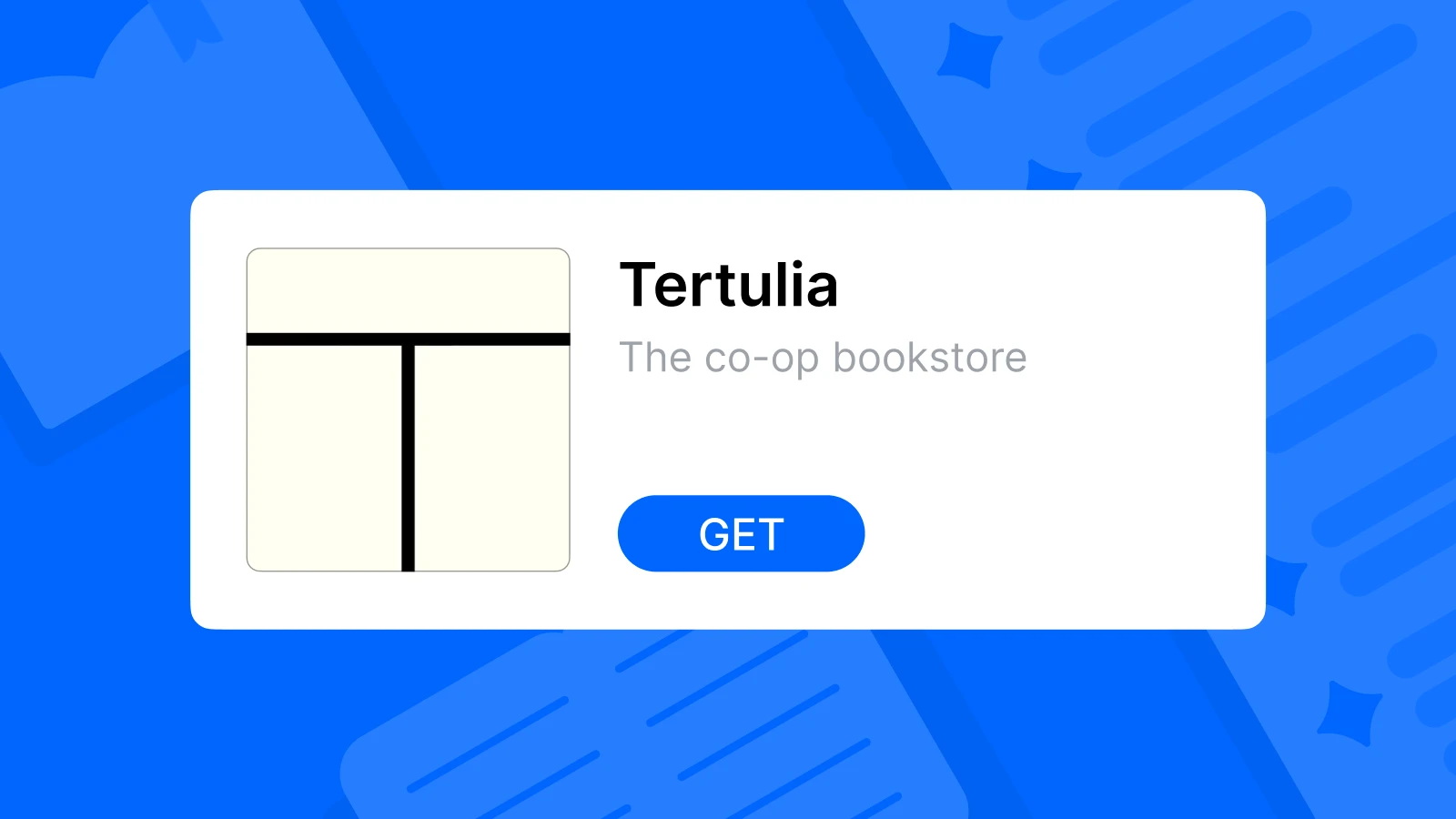 The Tertulia app logo on the blue background with notes and books – book apps