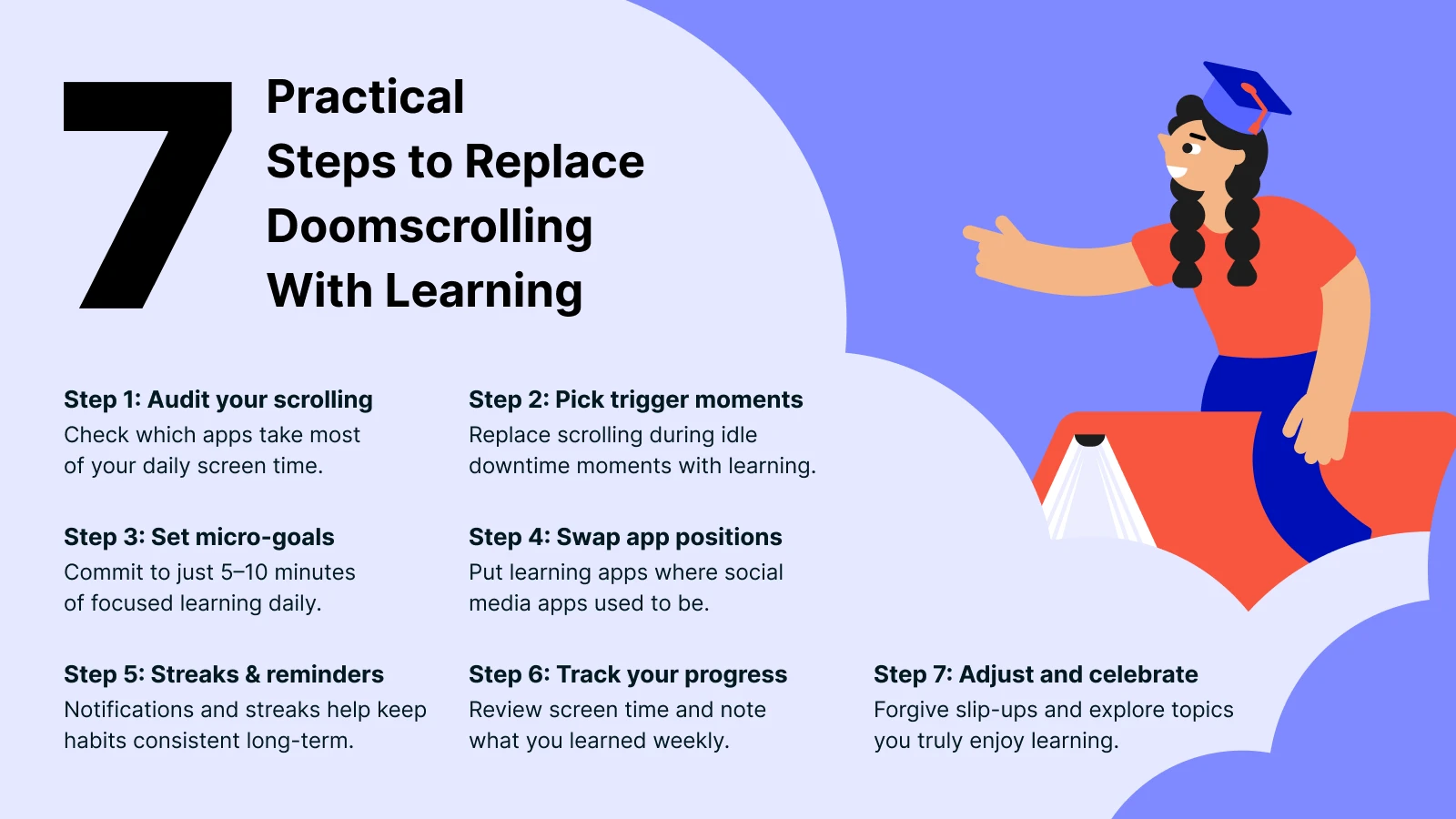 Infographic with 7 practical steps to replace doomscrolling featuring illustrated woman gesturing on light blue and coral abstract background