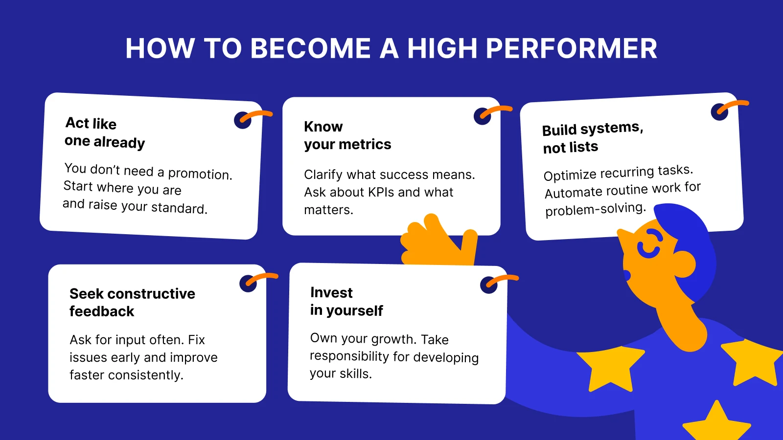 Career development steps for high performers shown in five white cards with star and puzzle decorations on dark blue background