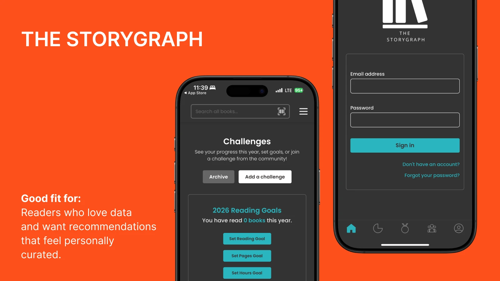 The StoryGraph app interface displaying Challenges feature and login screen on orange background for data-driven readers
