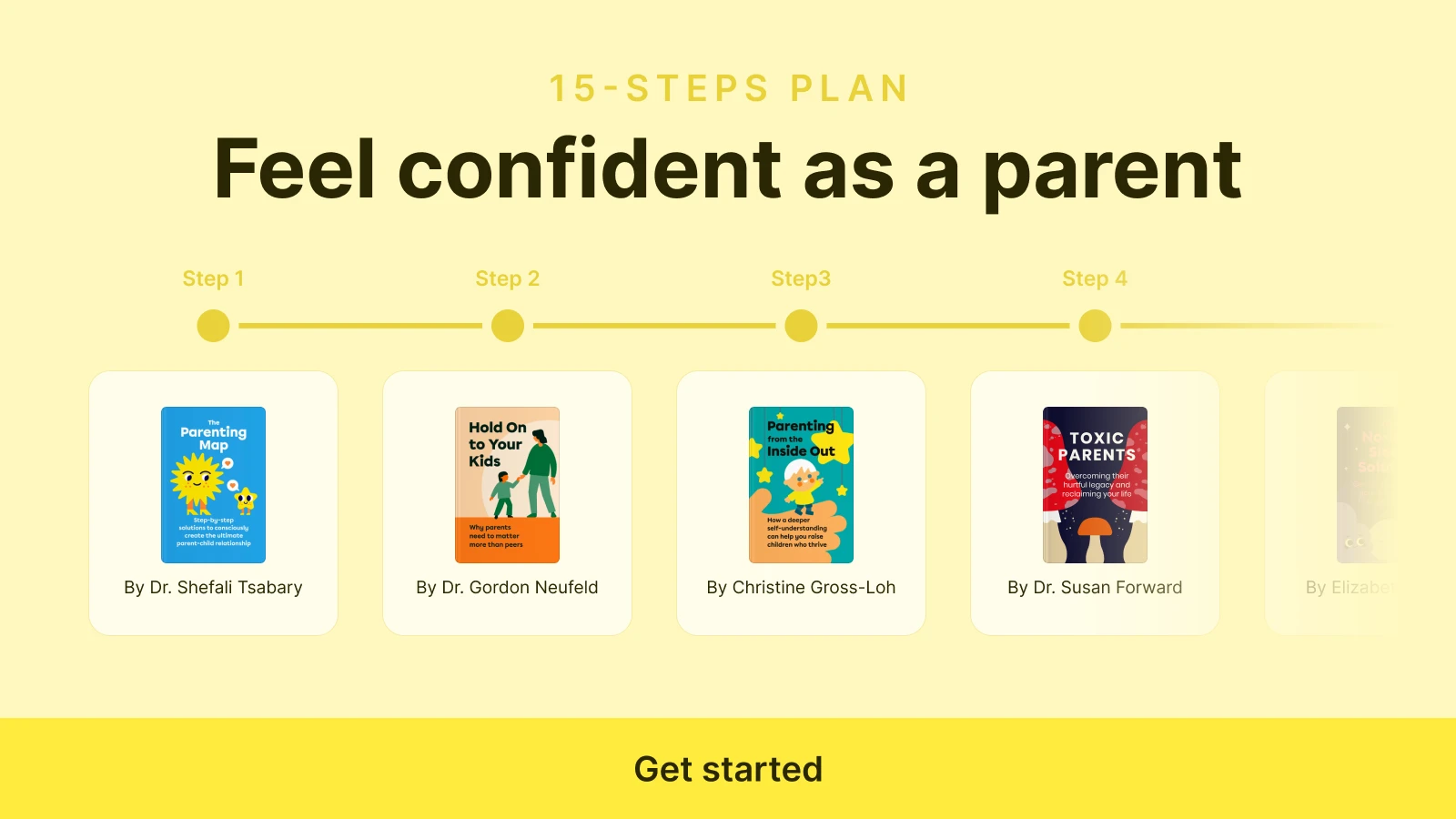 Headway app 15-step parenting confidence plan featuring Parenting at Your Best, Hold On to Your Kids, Parenting Inside Out, and Toxic Parents on yellow background