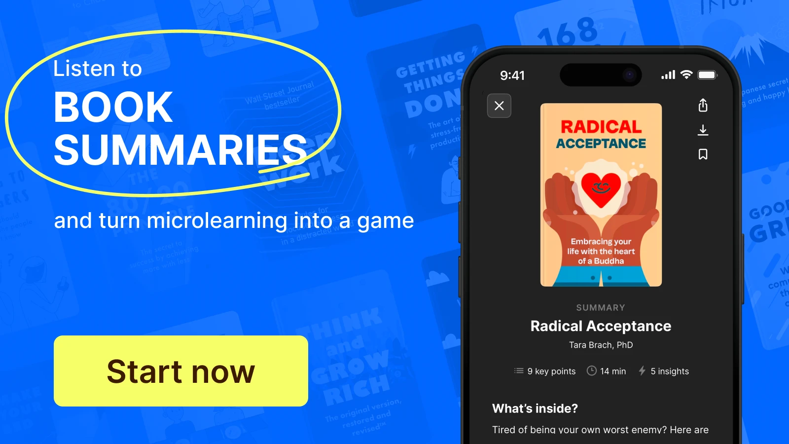 Headway app on smartphone screen showing Radical Acceptance book summary with blue background and yellow call-to-action button