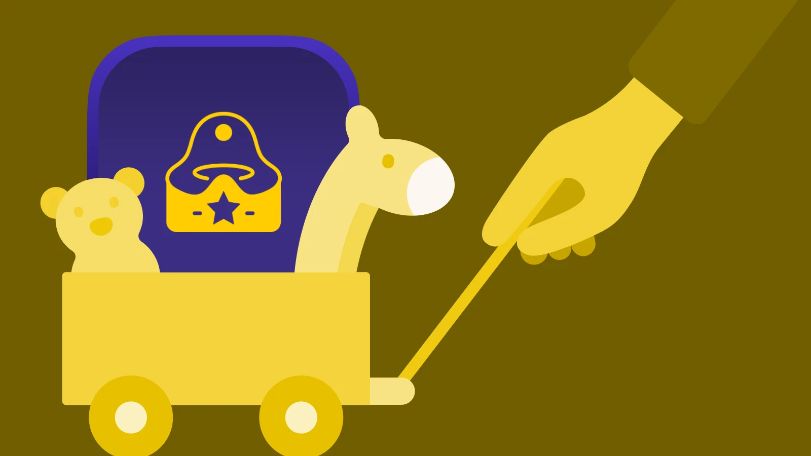 A cartoon-like scene of a parent and child with a smiling bear symbol, showing the _Potty Whiz_ app, set against a purple background