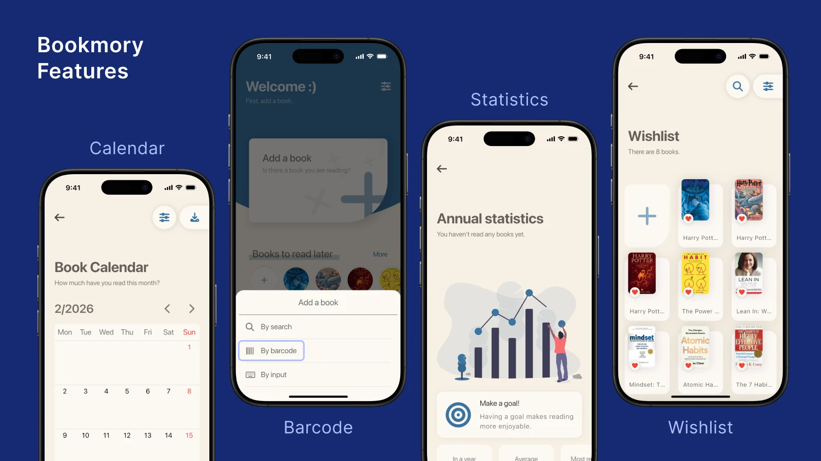 Smartphones displaying Bookmory app calendar, barcode scanner, statistics, and wishlist features on a blue background, highlighting tools to build a consistent reading habit in this app review