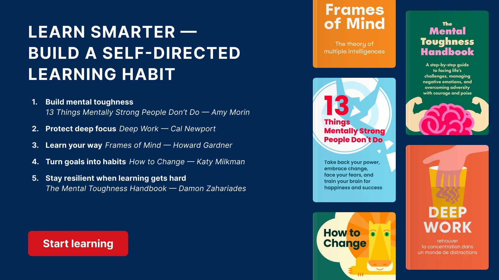 Self-directed learning resource guide featuring five recommended books including Deep Work, Frames of Mind, and How to Change