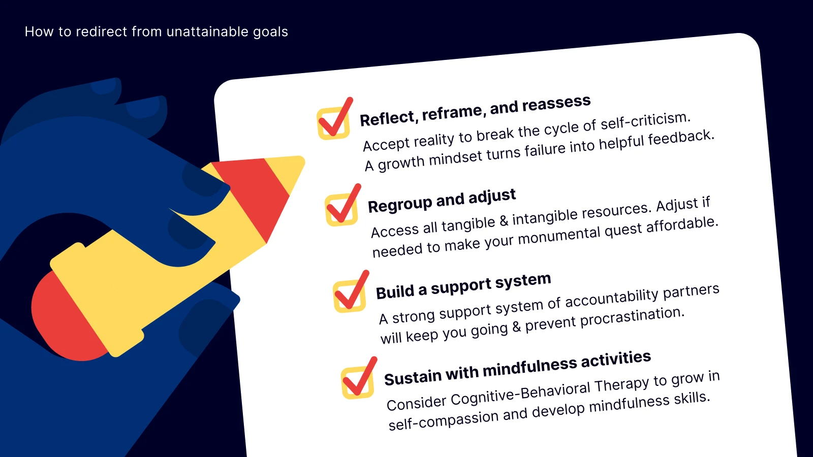 unattainable goals - Person pointing to a tilted checklist card with colorful icons and short tips