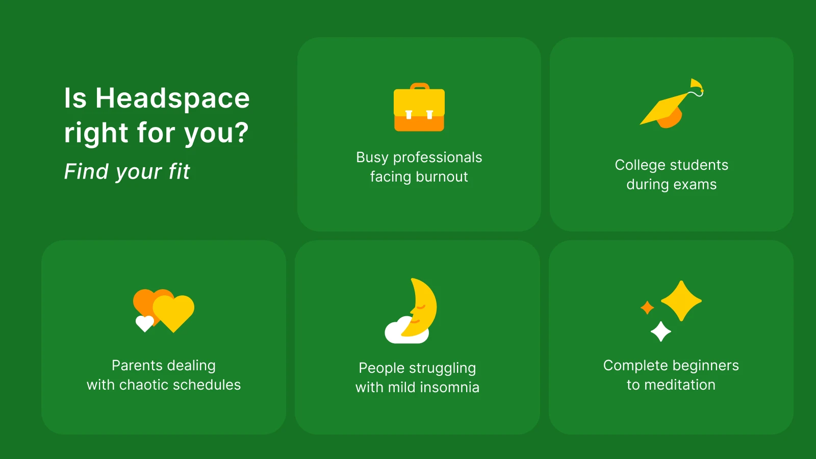 Headspace mental health and well-being app guide on green background with icons showing ideal users_ busy professionals, college students, parents, and beginners to meditation