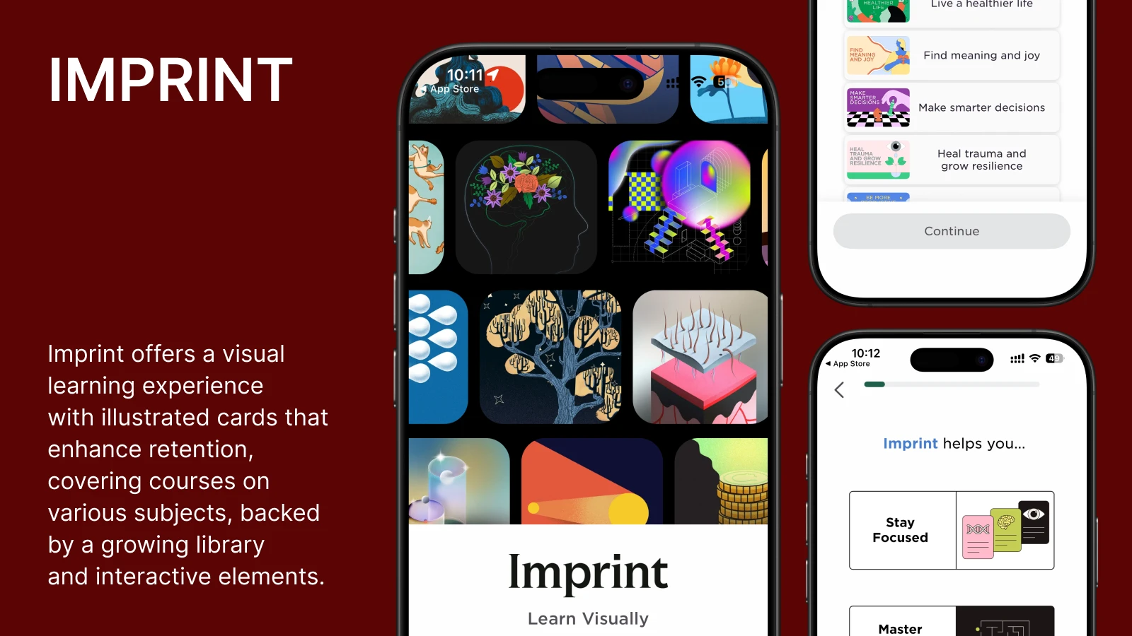 Screenshot of the Imprint app interface, showing various educational modules for learning through interactive elements and visual content 1x