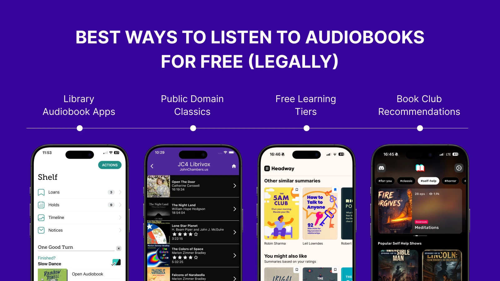 Four smartphones showing Libby, Librivox, Headway apps and bestsellers for free audiobooks on purple background