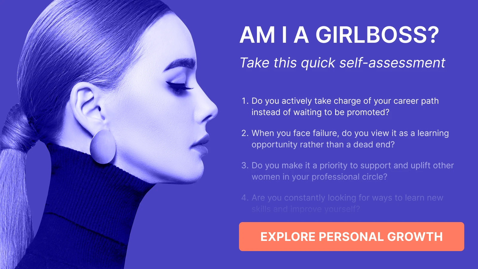 Professional woman in blazer contemplating girlboss traits with self-assessment quiz on purple background