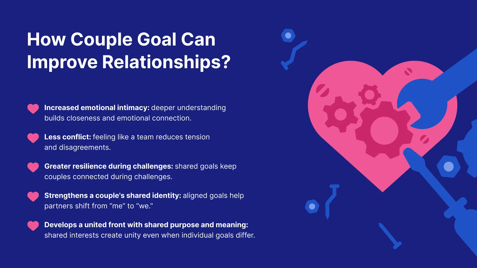 Interlocking pink and blue hearts on dark blue background showing how shared goals improve healthy relationships