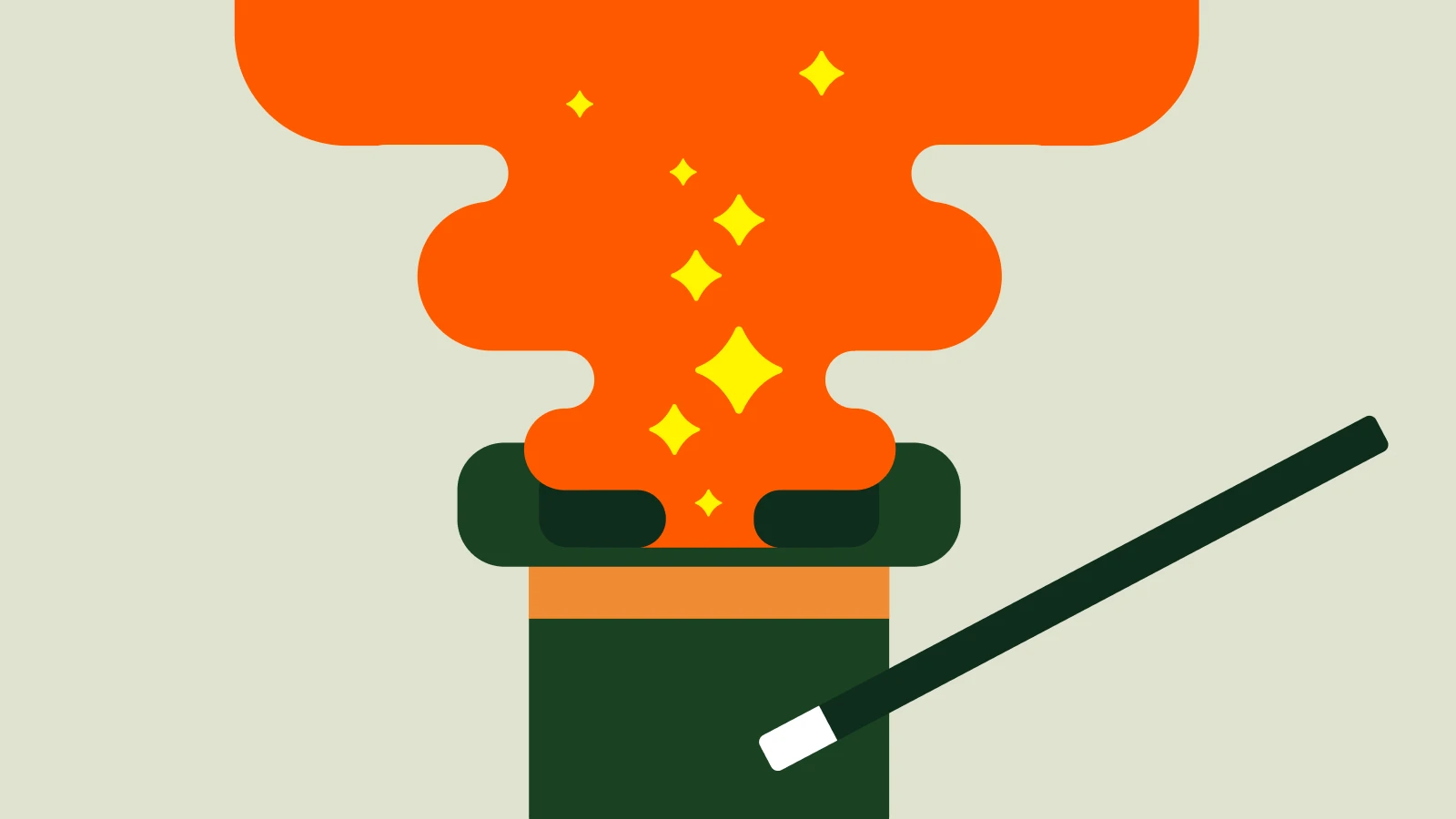 a wand creating bright orange sparkles and stars, symbolizing creativity and growth to become the most interesting person in the room