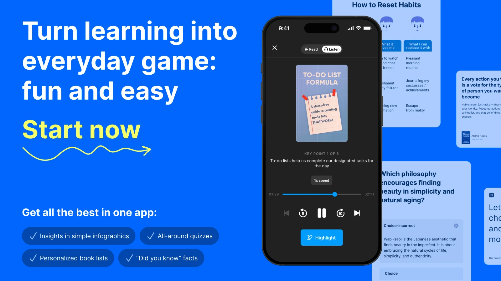 iPhone mockup with to-do list formula book summaries and Headway screetshots