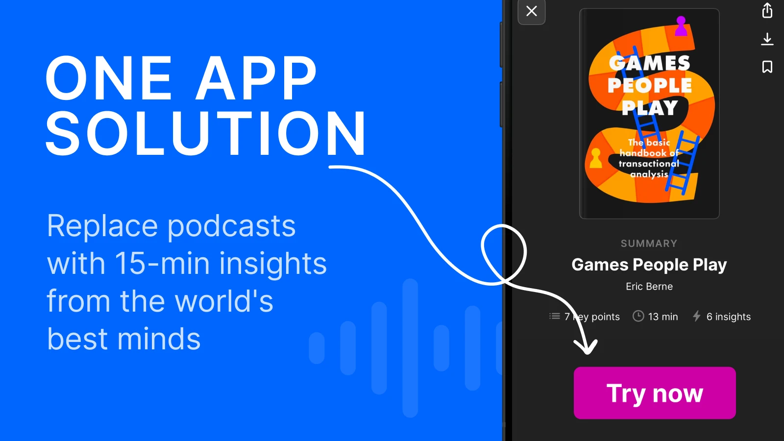Phone mockup with a book summary of games people play by eric berne