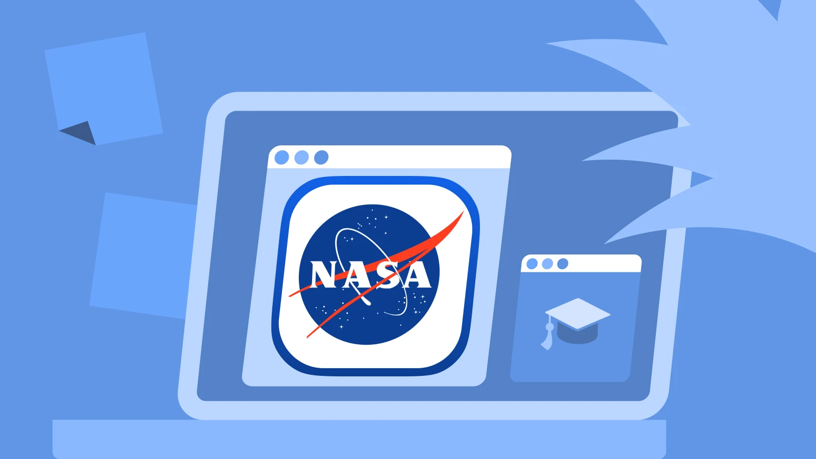 NASA app logo on blue background with graduation cap icon, laptop and plant showcasing space and science educational apps
