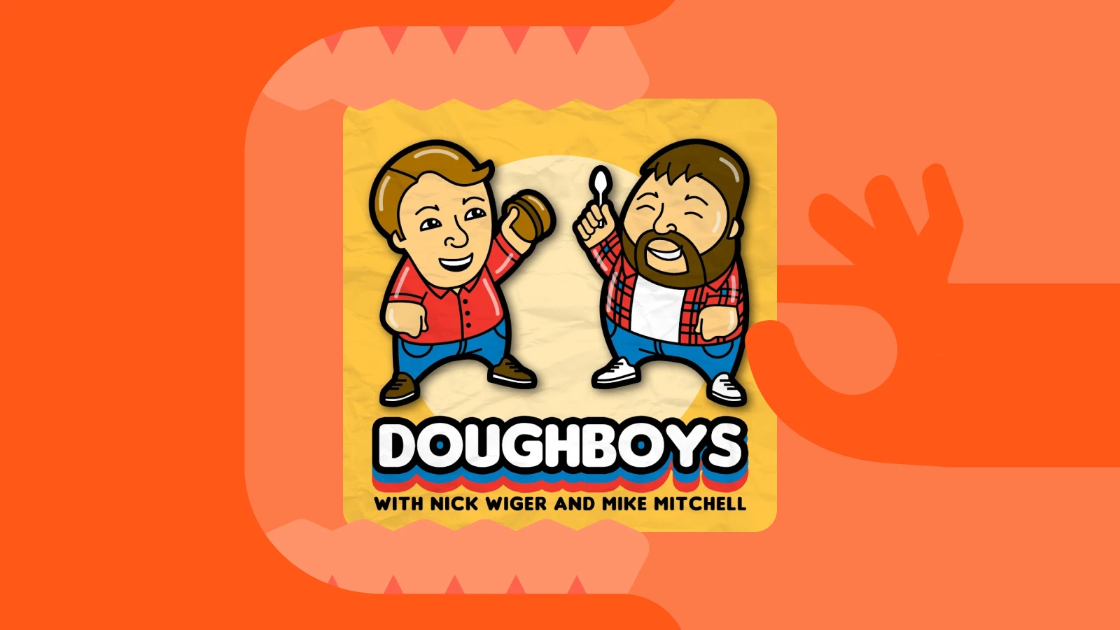 Doughboys podcast cover with cartoon hosts holding food items inside an open mouth design on a red background, one of the best food podcasts