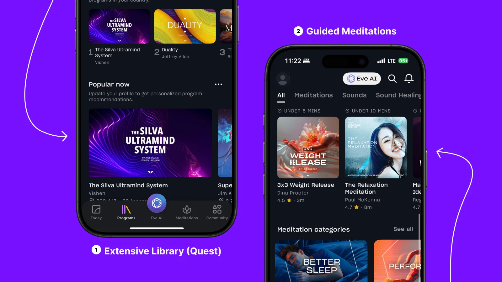 Mindvalley Review showing app interface with two phone screens on purple background featuring The Silva Ultramind System and guided meditations by Dina Proctor and Paul McKenna