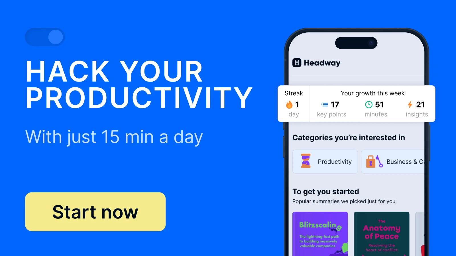 iPhone mockup with Headway app library screen and streak field