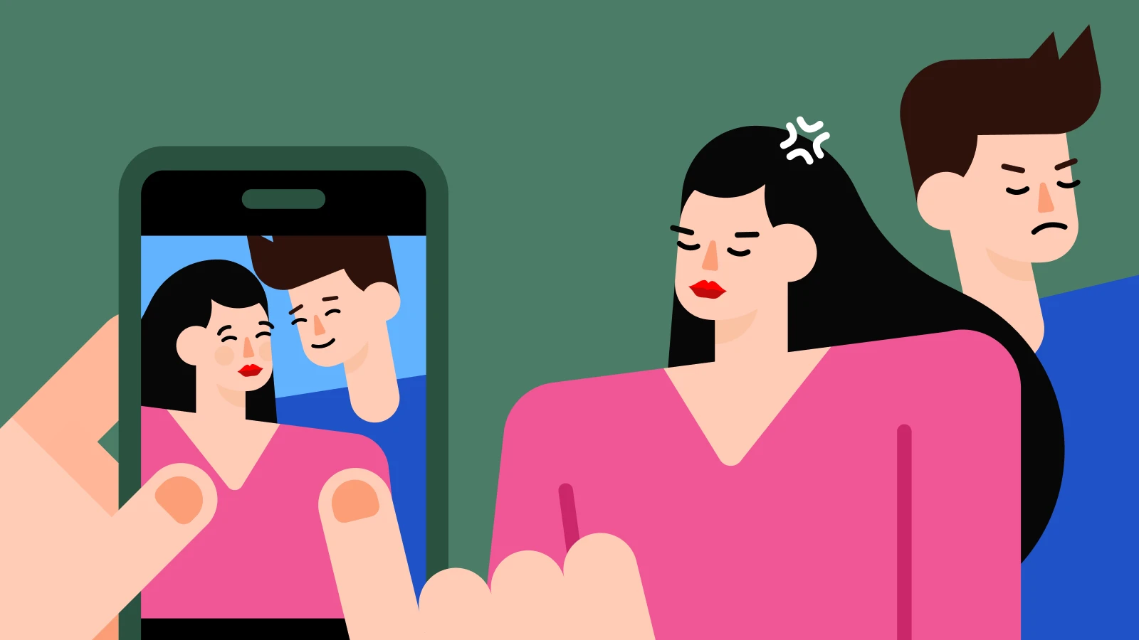 A person holding a phone showing a photo of themselves with another person, where the person in the photo has a displeased expression, while the person holding the phone looks happy and content 1x