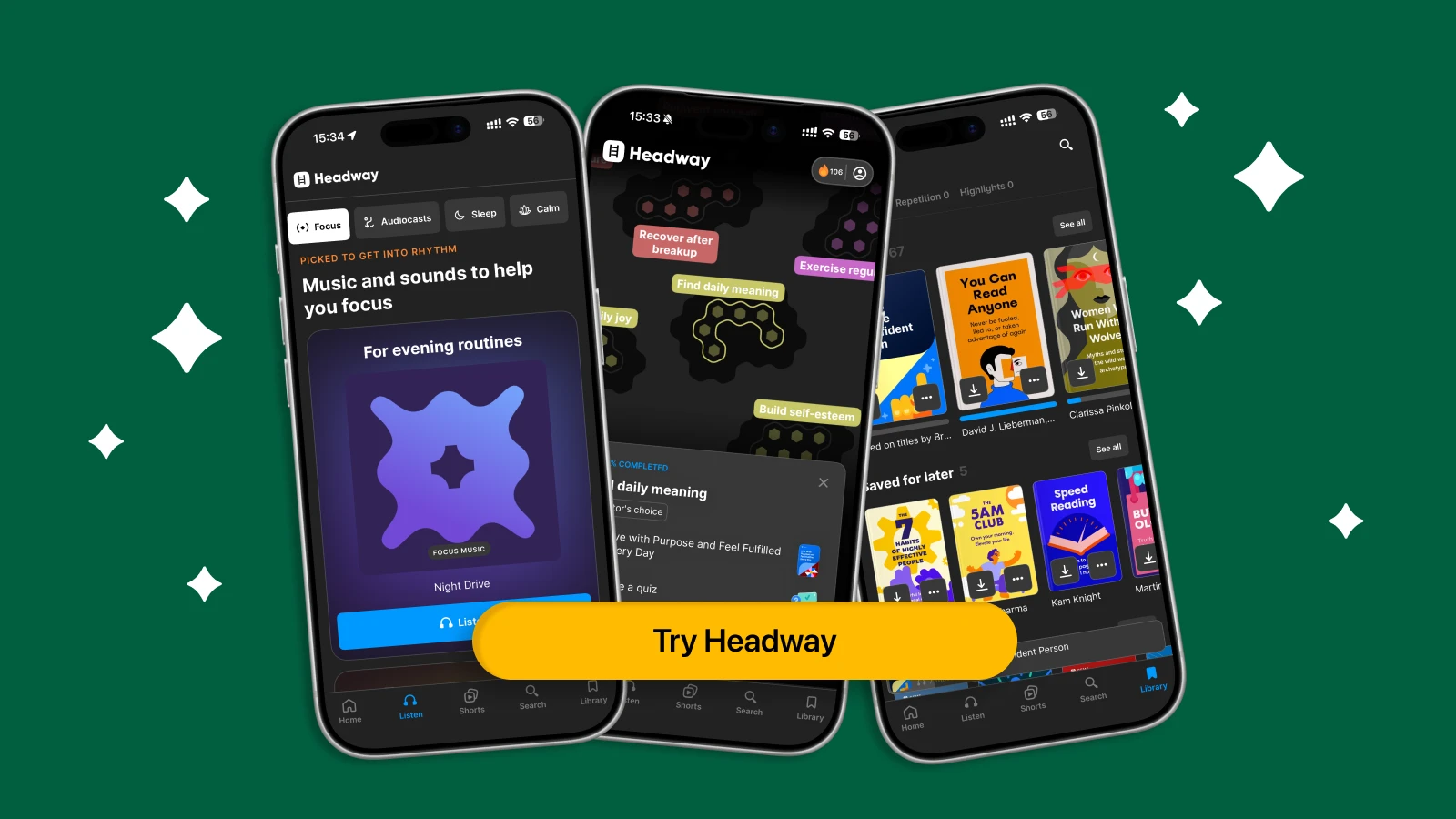 Headway app interface screens showing book summaries and Try Headway button for new year's resolution reading goals on green