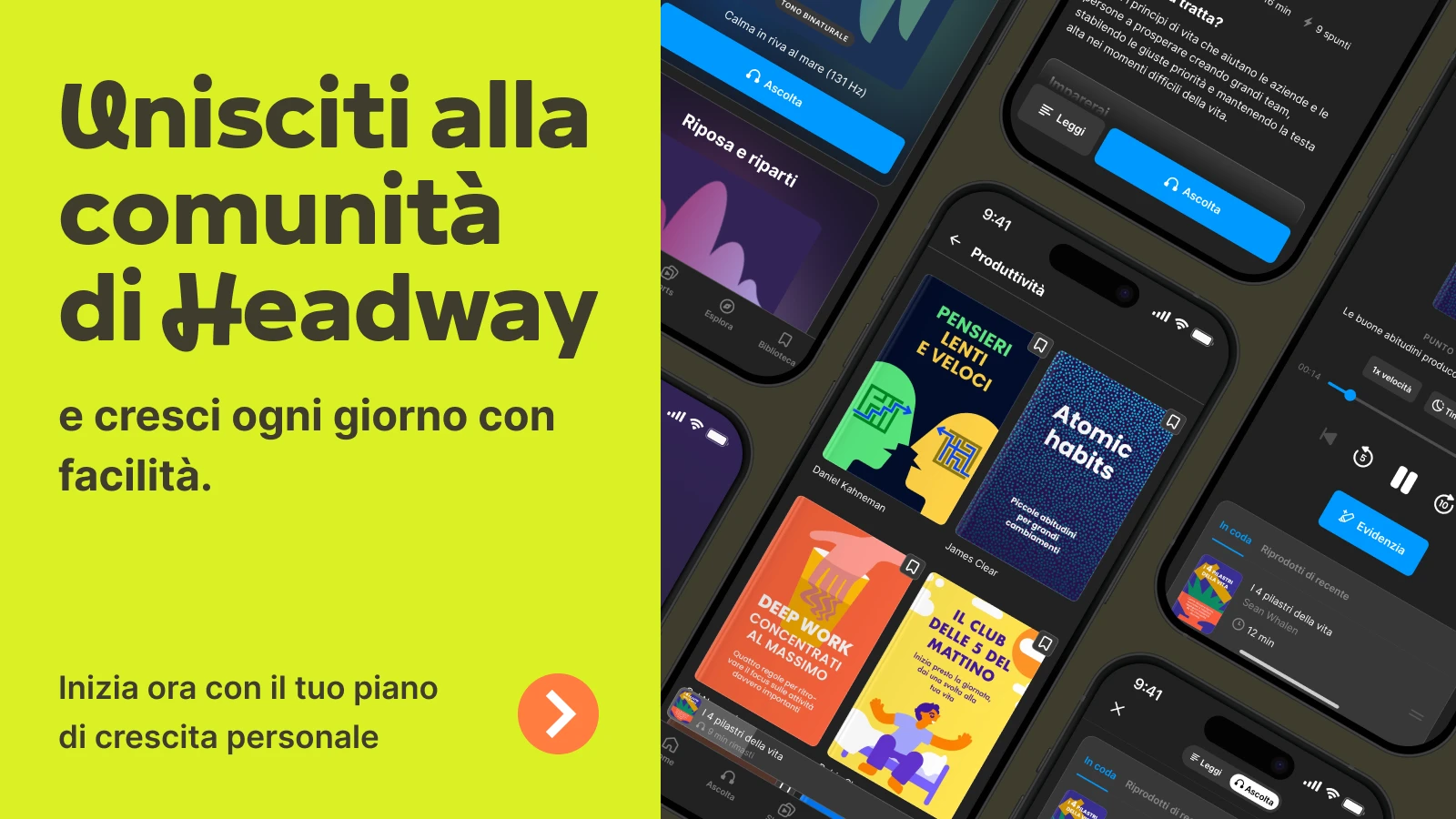 Schermate dell'app Headway su smartphone con tema scuro che mostrano una raccolta di riassunti di libri sulla leadership, tra cui The Unfair Advantage e Wolfpack, insieme a un pannello giallo di invit