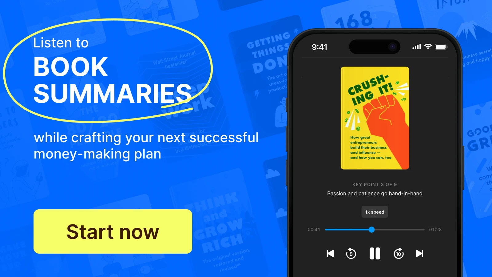 Iphone mockup with crushing it book summary for entrepreneurs on the screen and book covers at the background