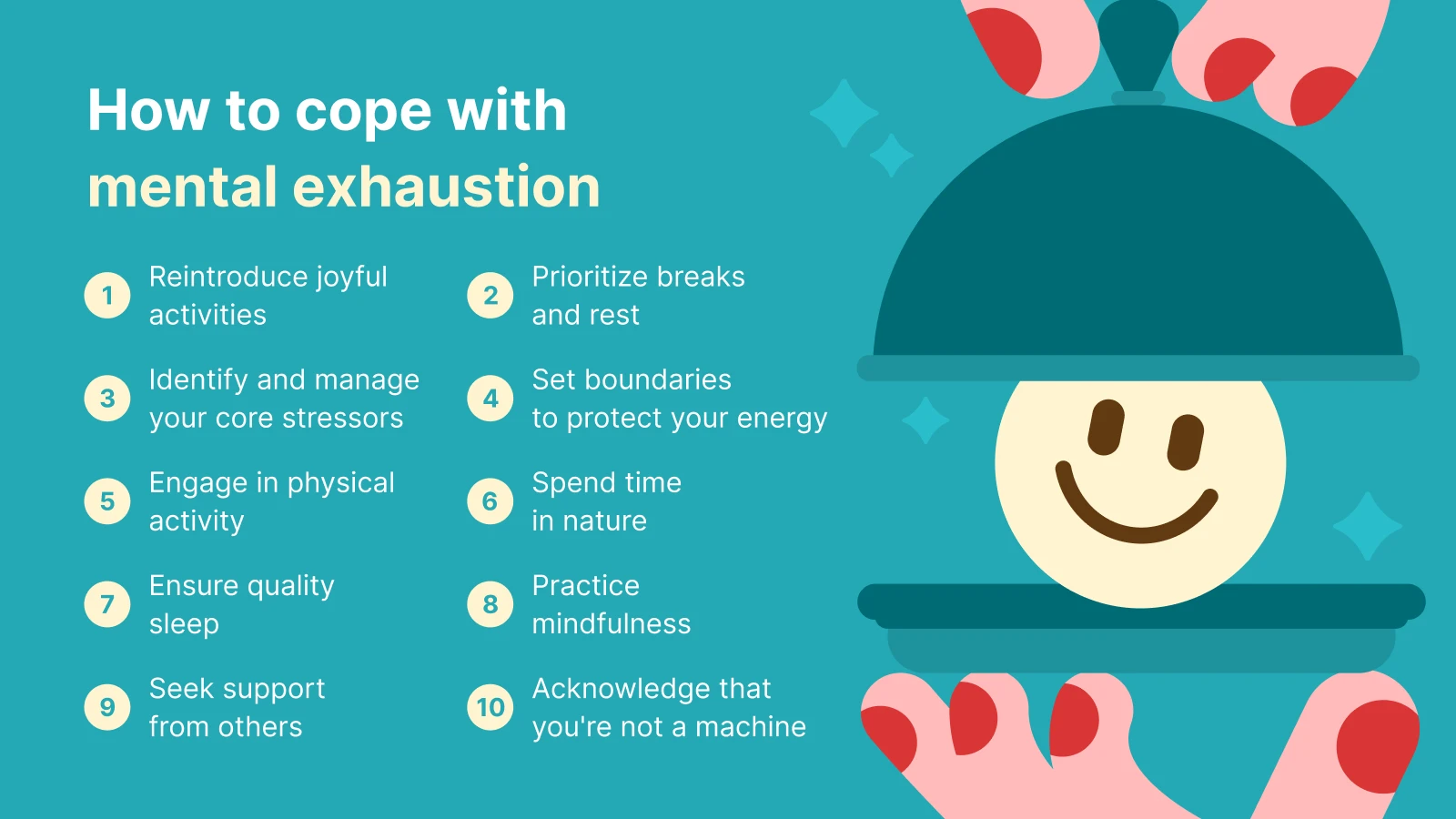 Mental exhaustion coping strategies infographic with smiley face illustration on teal background