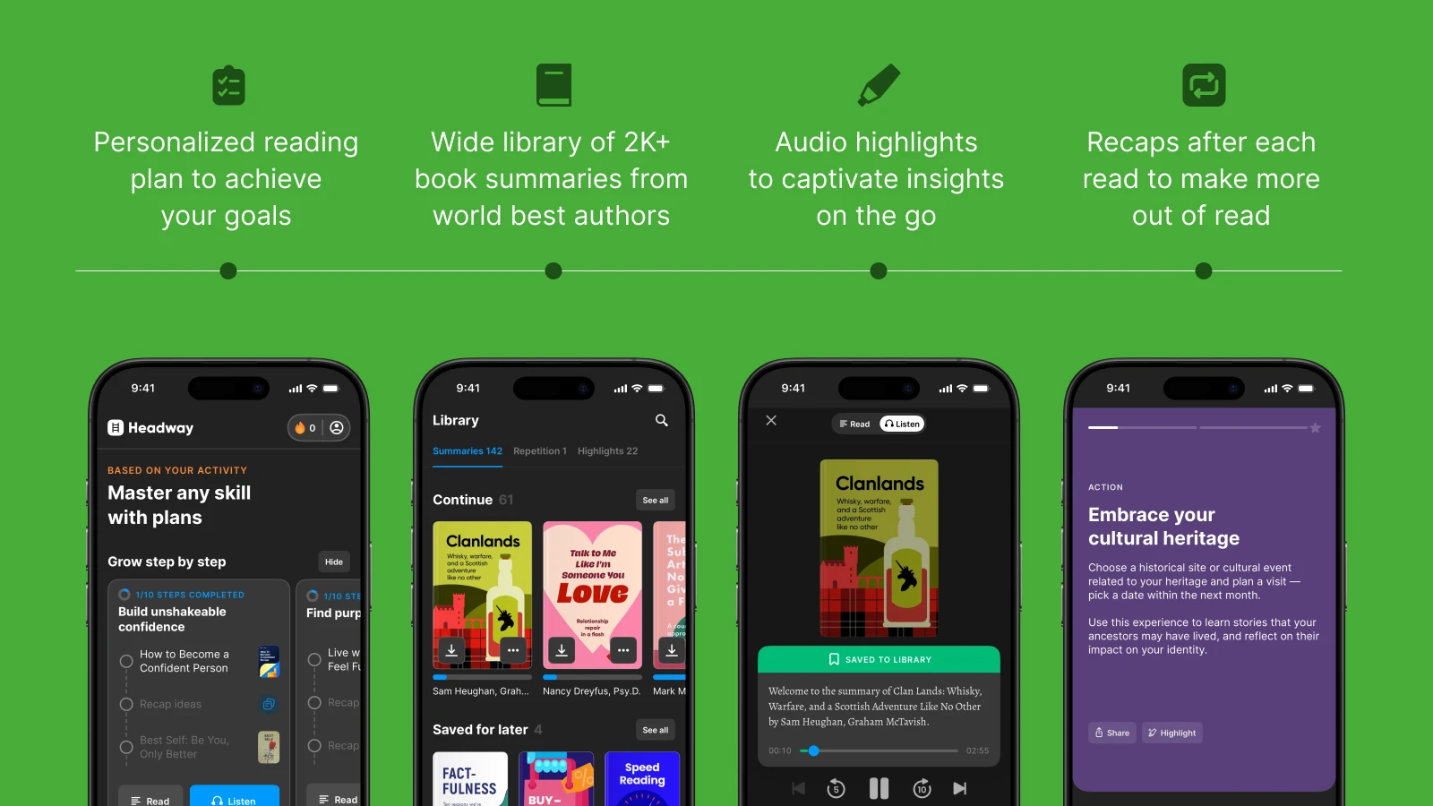 Headway app screens displaying personalized reading plans and book summaries on vibrant green background as Goodreads alternative 1x