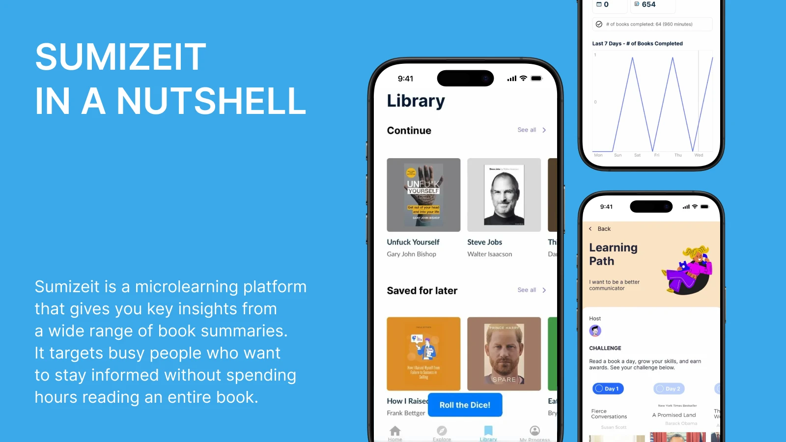 Sumizeit book app interface on smartphones showing Library and Learning Path screens on a blue background, highlighting self-growth microlearning features