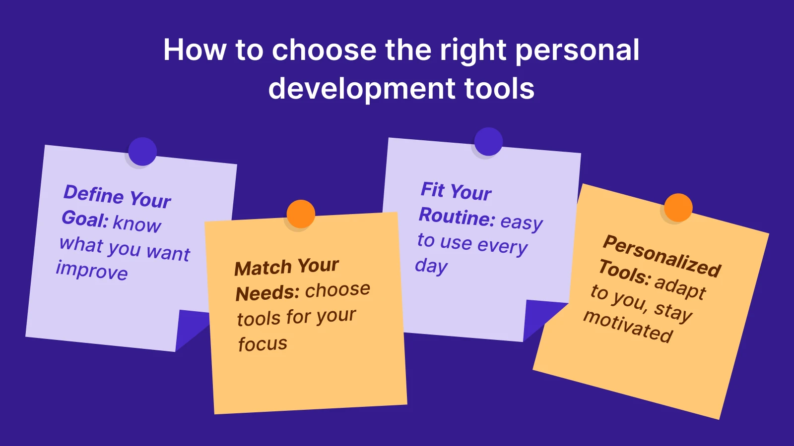 Sticky notes showing how to choose personal growth tools with tips for goal setting and self-improvement on purple background