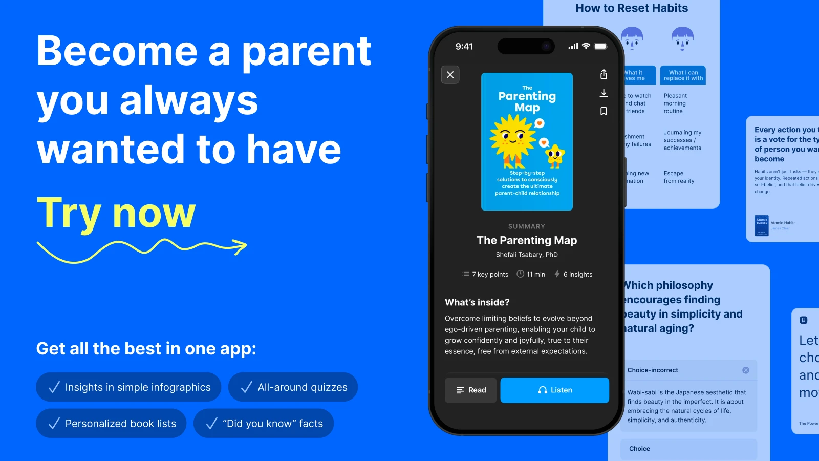 iPhone mockup with the parenting map book summaries and Headway screetshots