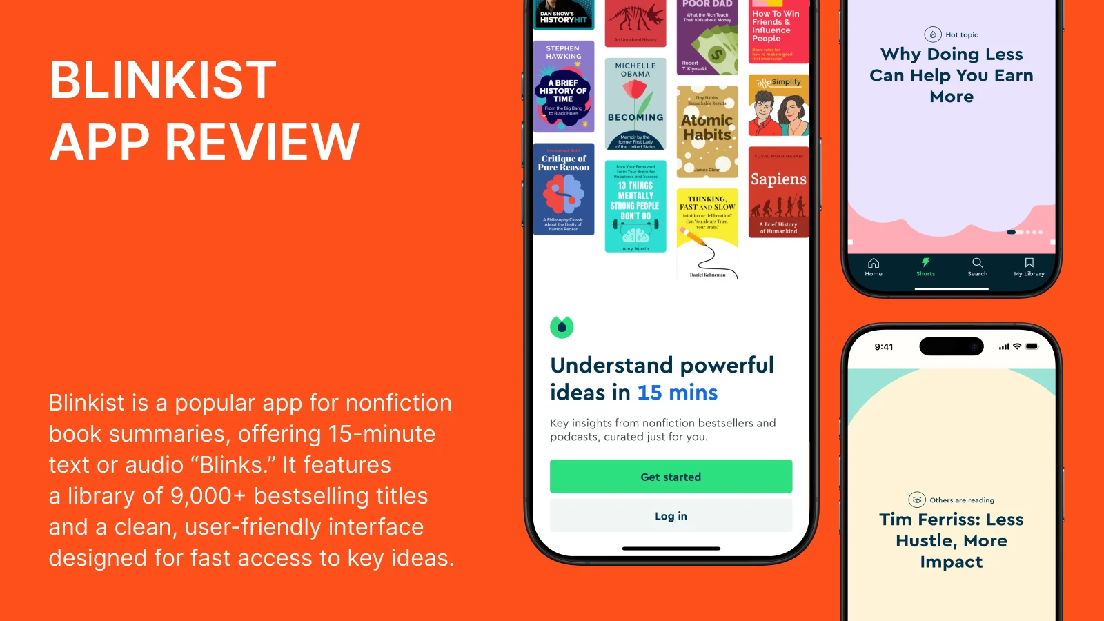 Blinkist app review on orange background featuring smartphone screens with nonfiction book blinks, a microlearning growth tool for professionals