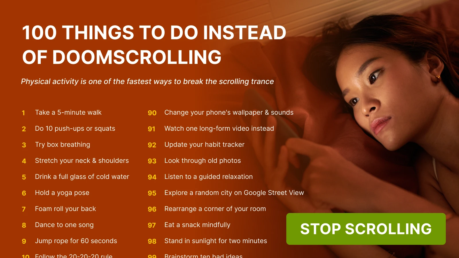 Woman lying in bed looking at smartphone with alternatives list to break scroll habit on warm brown background