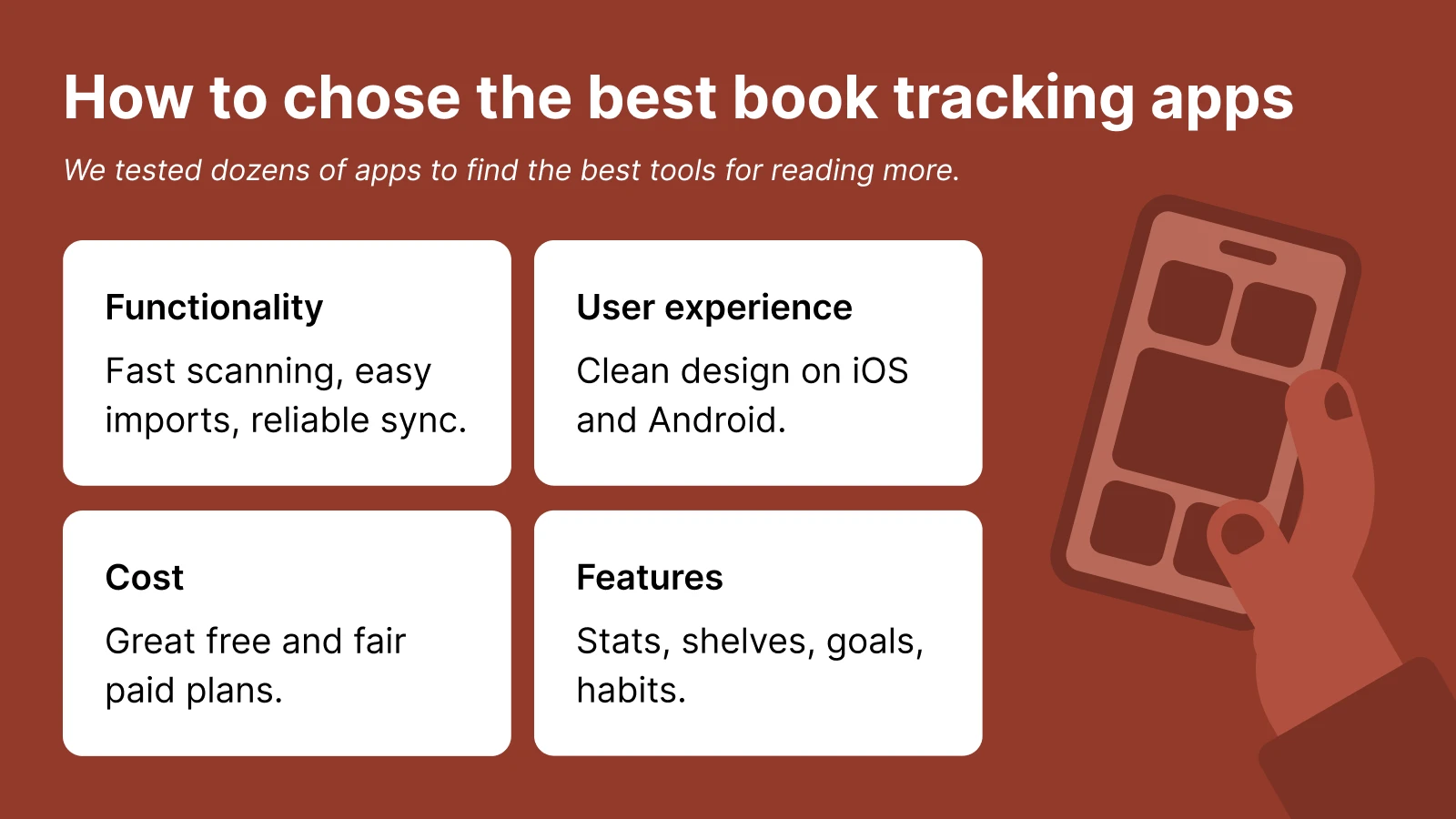Infographic on how to choose book tracking apps showing four criteria cards — functionality, user experience, cost, and features — with a smartphone illustration on red background