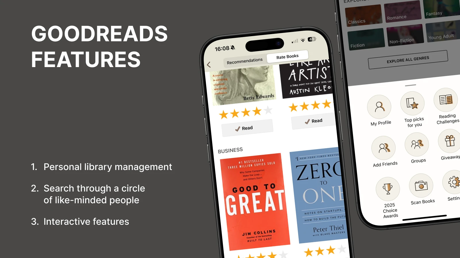 Smartphone displaying Goodreads app interface with book covers for book lovers to review books and manage their reading library