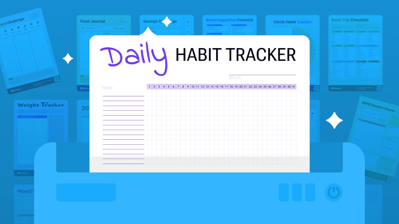 Daily habit tracker free printable template in the folder with papers on the background