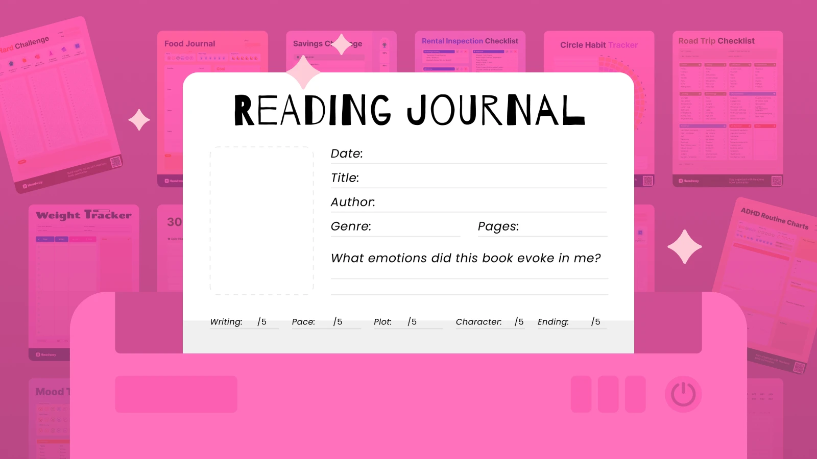 Reading journal printable template in the folder with papers on the background