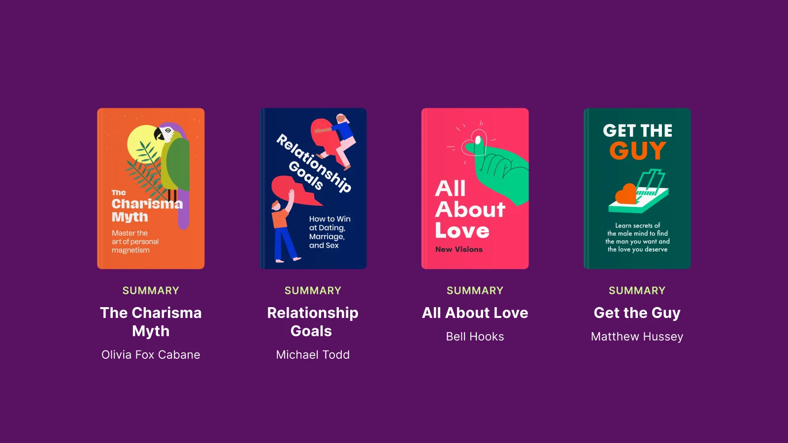 Long-distance relationships - a covers of book summaries - the charisma myth, relationship goals, all about love, get the guy