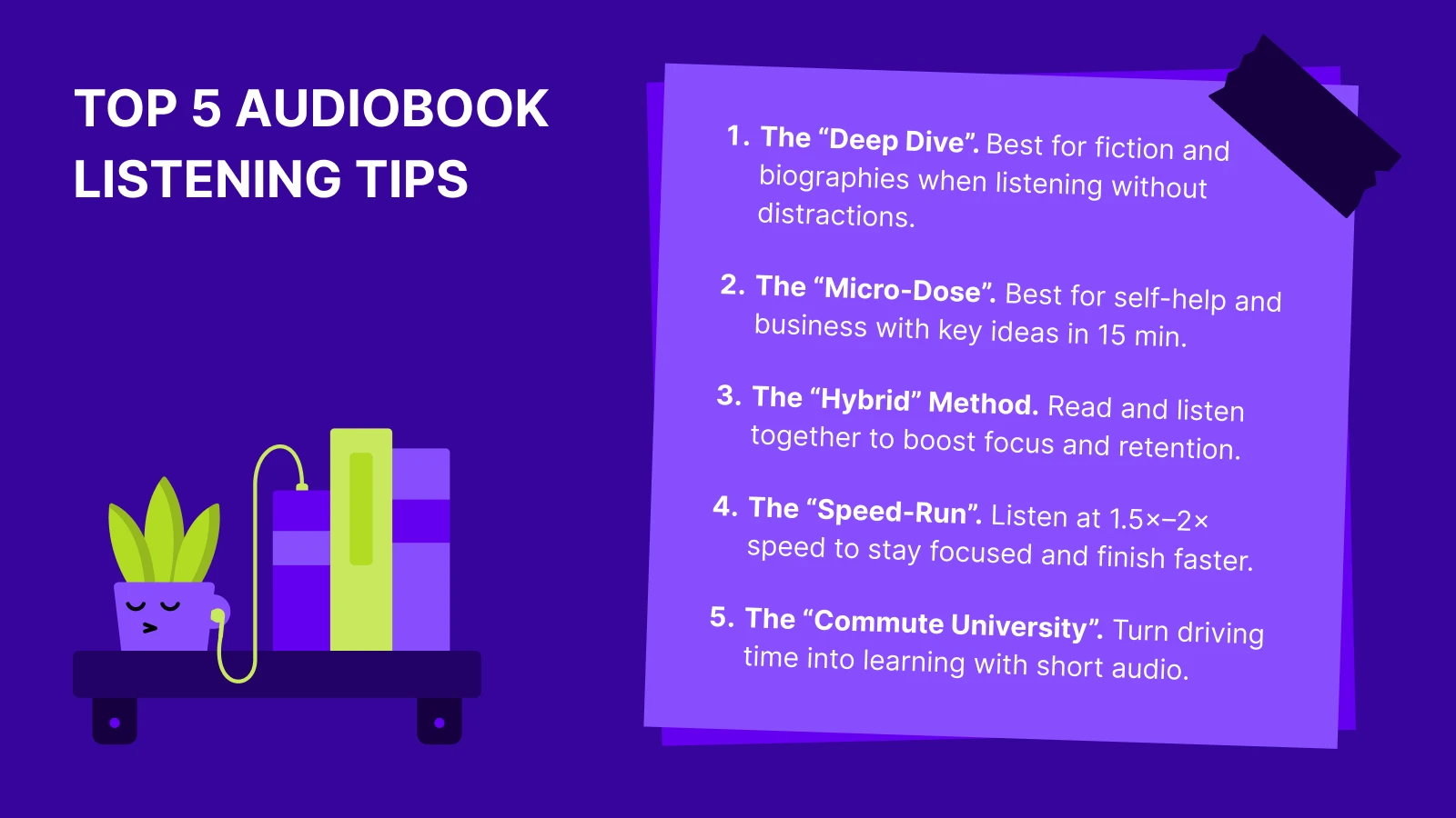 Infographic displaying top 5 audiobook listening tips with illustrated books and plant on deep purple background