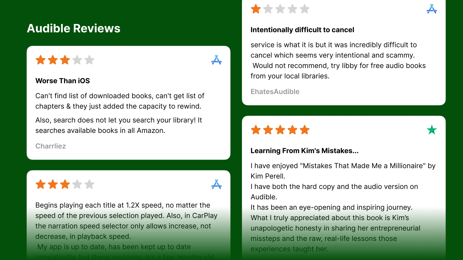 Audible reviews section showing customer testimonials with star ratings on green background for audiobooks service
