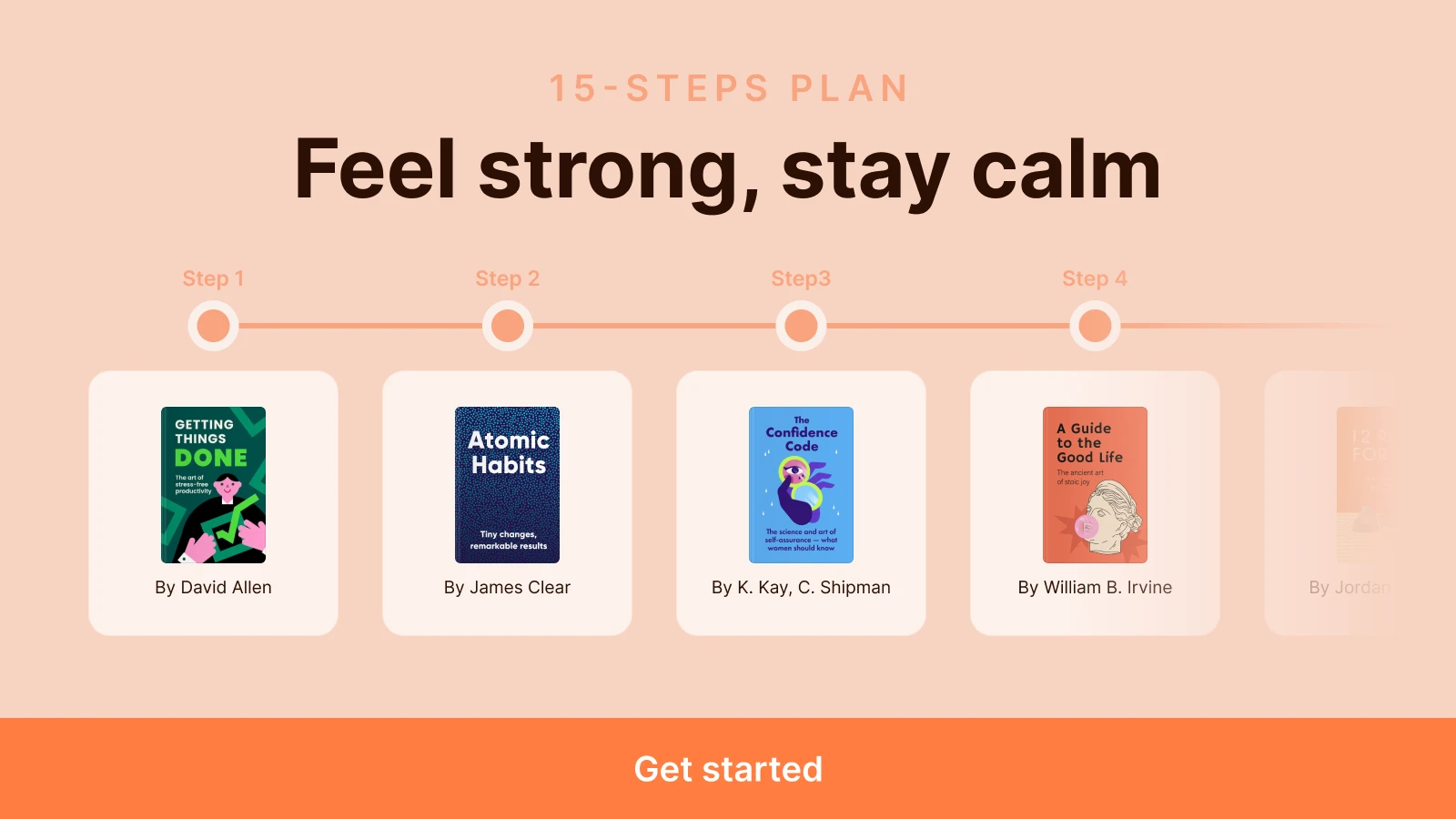 Headway app 15-step plan to feel strong and stay calm featuring Getting Things Done, Atomic Habits, The Confidence Code, and A Guide to the Good Life on beige background