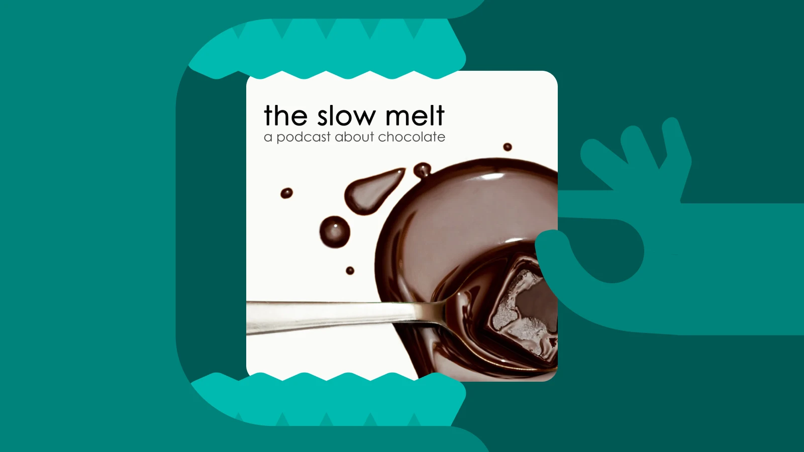 The slow melt podcast cover repeated with cartoon hosts inside an open mouth design on a teal background, showcasing comedy and food podcast content