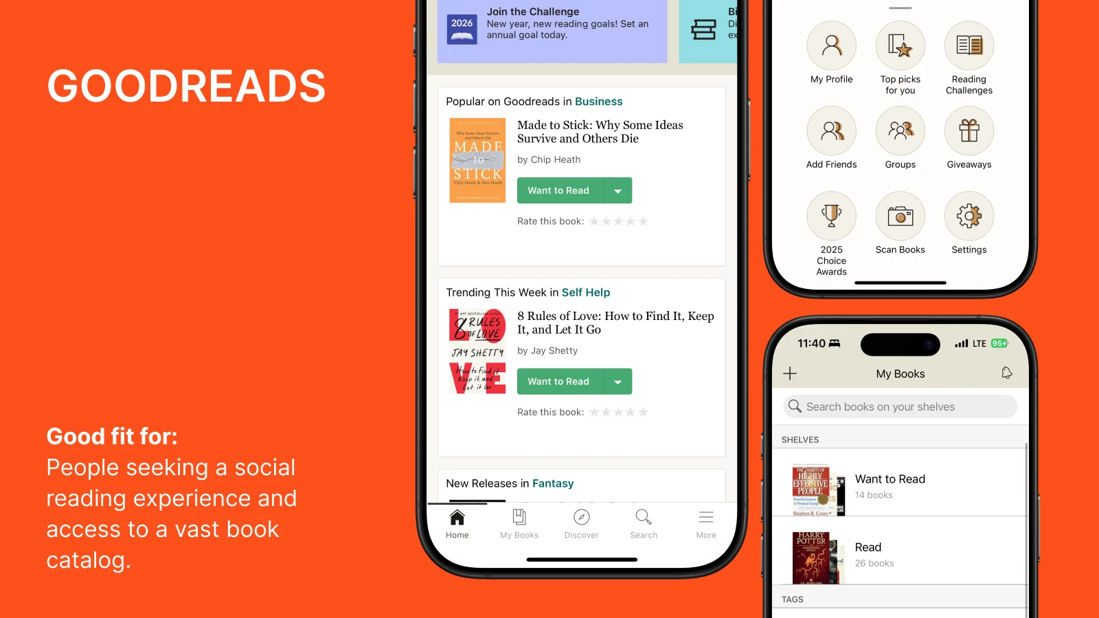 Goodreads app showing book recommendations and reading shelves on orange background for social reading community