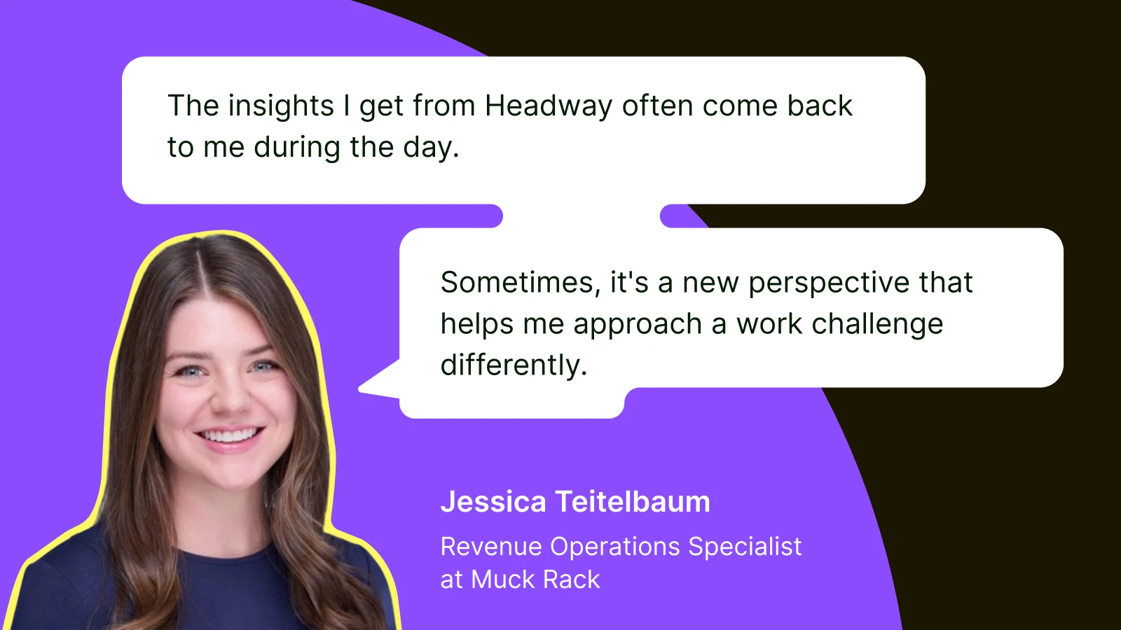 Jessica Teitelbaum user testimonial about Headway app on purple background showing how spaced repetition improves knowledge retention