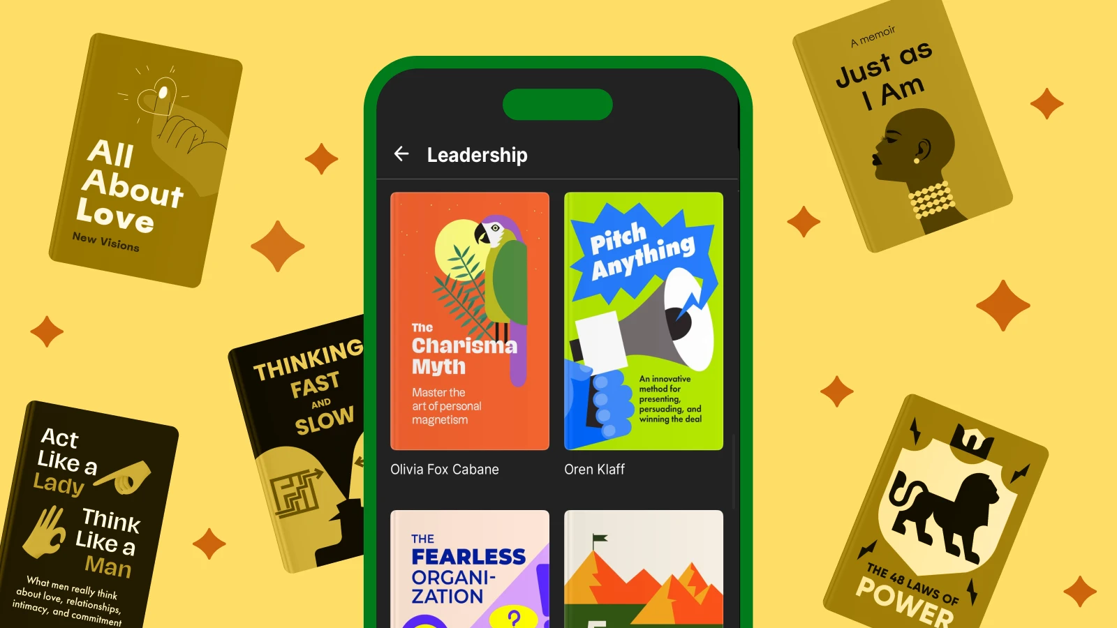 Smartphone screen displaying leadership book covers surrounded by additional books floating around - the vision driven female leader