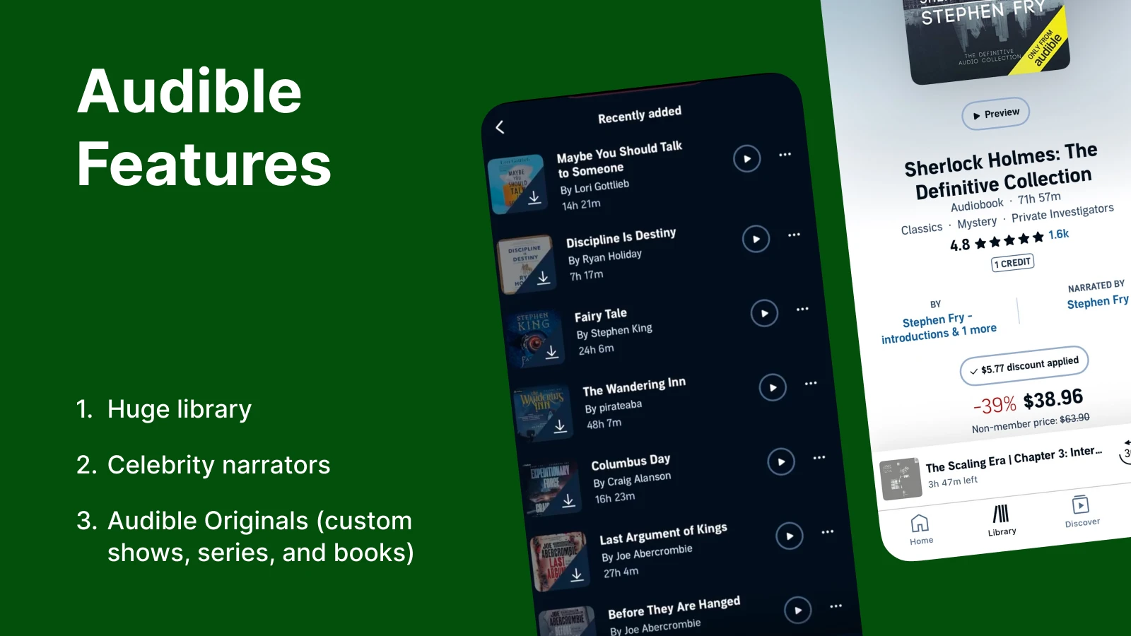 Audible app interface on smartphone displaying audiobooks library with Sherlock Holmes book cover on green background