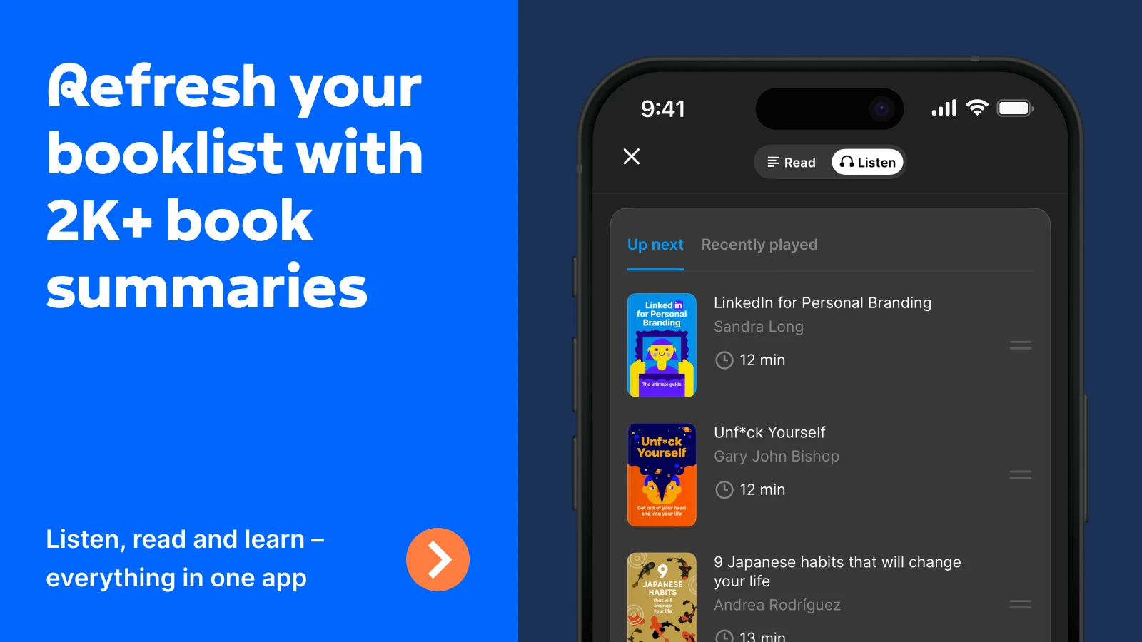 Headway app dark-themed smartphone screen showing an _Up next_ reading queue with book summaries including LinkedIn for Personal Branding, and 9 Japanese Habits, next to a blue panel promoting 2K+ boo