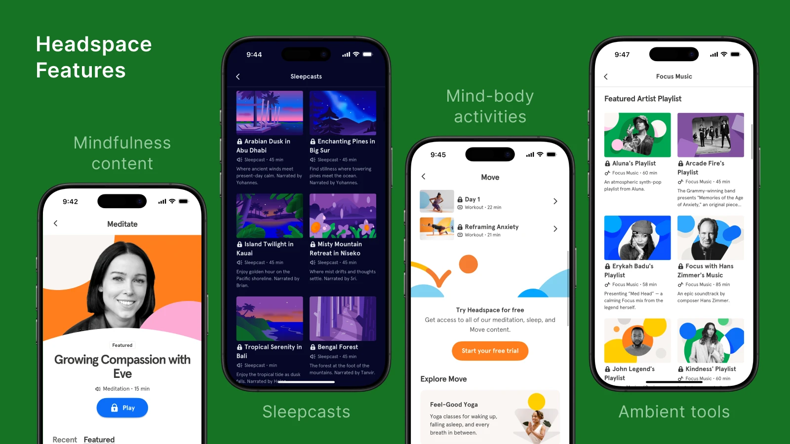 Headspace app features overview on green background showing mindfulness content, Sleepcasts, mind-body activities, and ambient tools on mobile screens