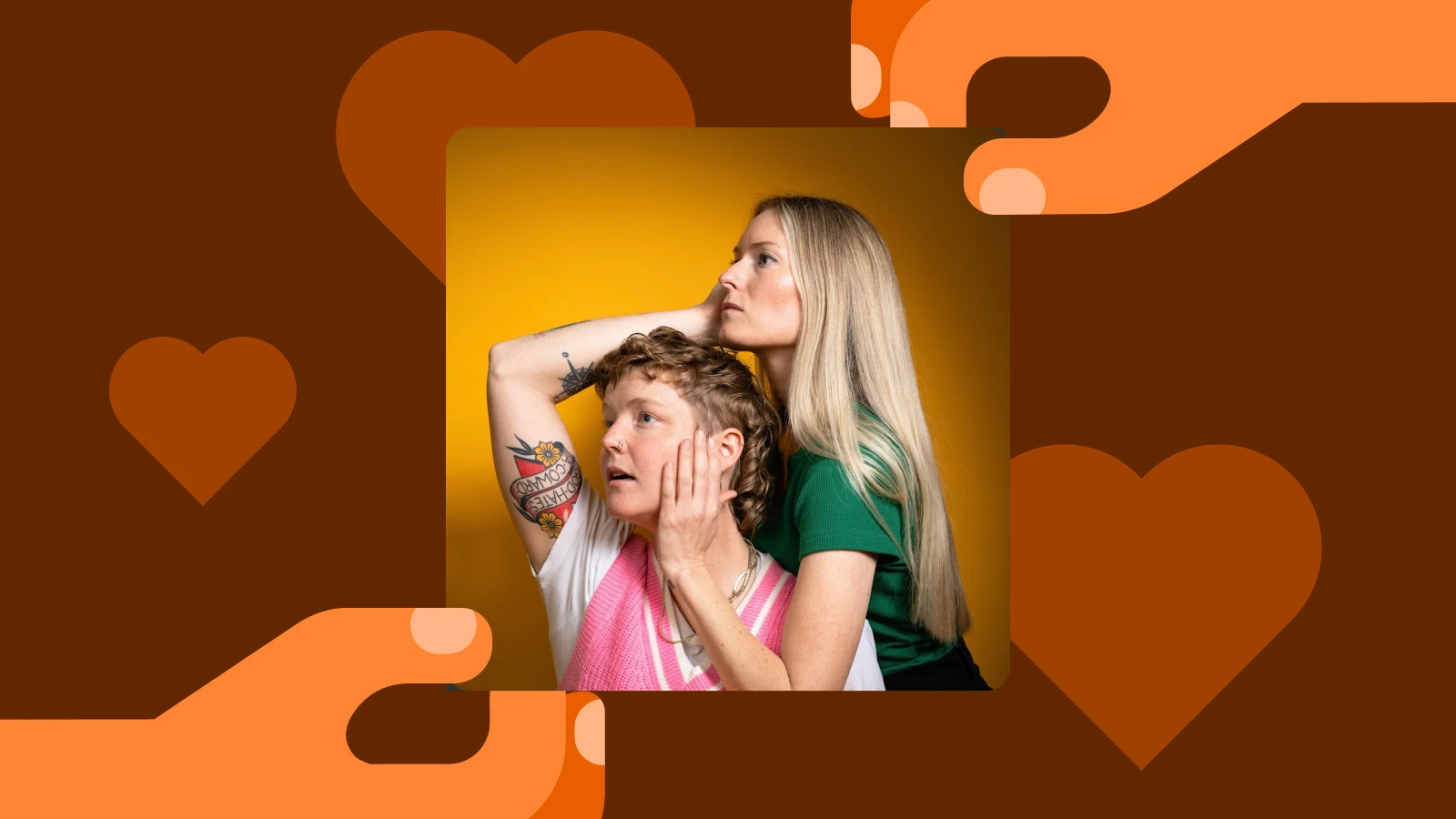 Brown background with hearts and a podcast cover featuring two women embracing, exploring modern love and relationships