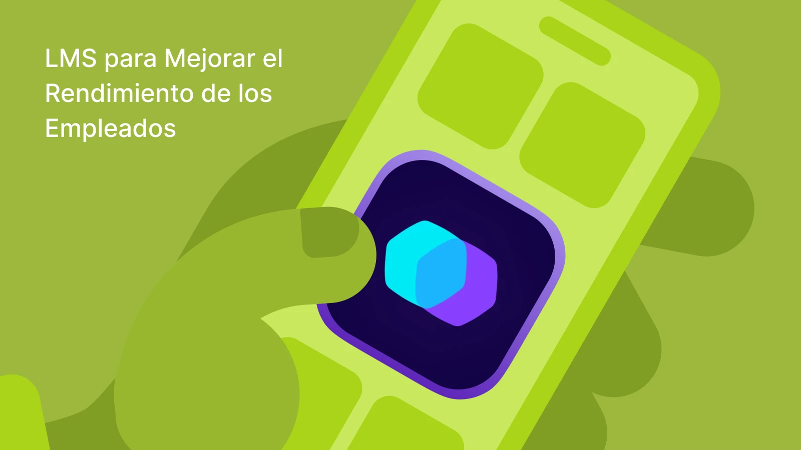 Teléfono inteligente inclinado que muestra la aplicación TalentCards con un ícono hexagonal verde azulado sobre un degradado verde lima para el desempeño de los empleados del LMS